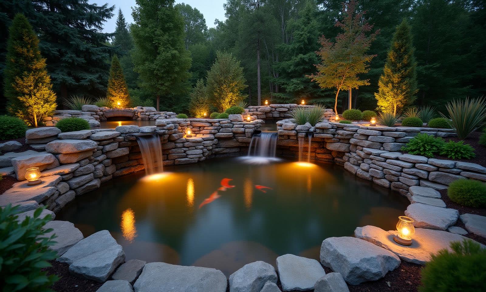 Natural swimming pond with cascading waterfall and aquatic plants