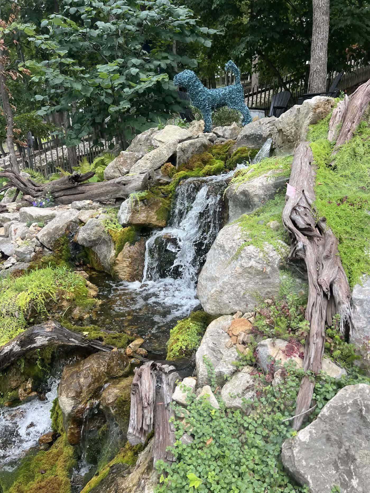 Pondless waterfall stream through woodland garden